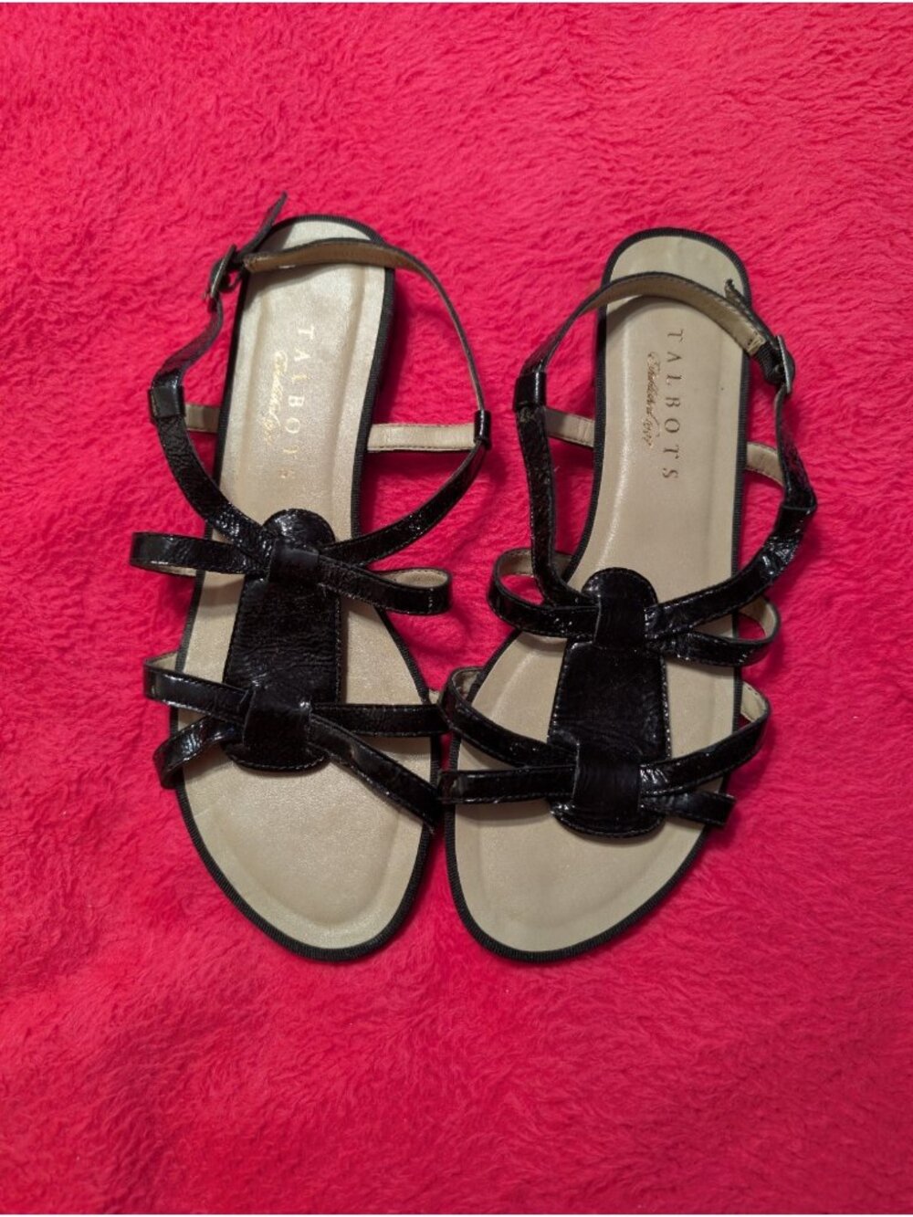 Talbots Black Leather Strappy Flat Gladiator Sandals Womens 7.5 B Ankle Strap